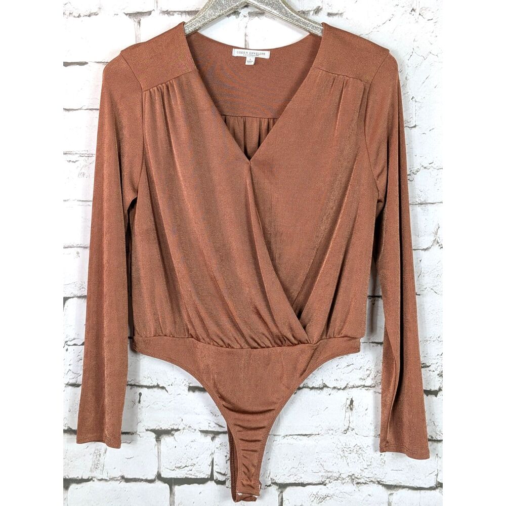 GREEN ENVELOPE Slinky-Knit Blouson Faux-Wrap Bodysuit Essential Copper Large